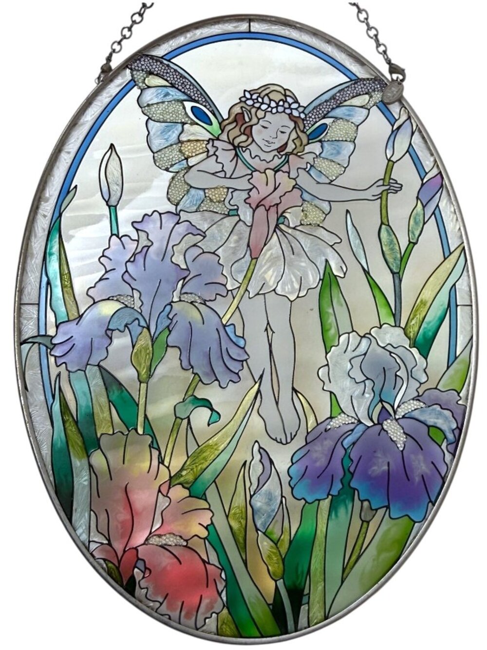 Amia Fairy Suncatcher Oval Stained Glass Style Iris Garden Window Hanging 8.5"